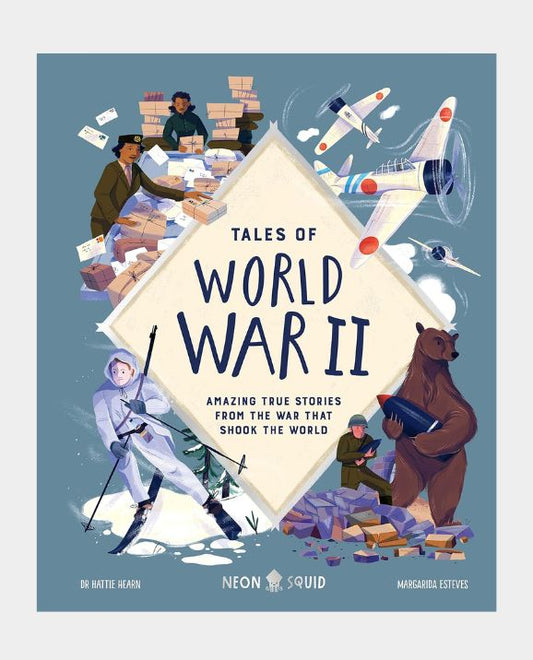 Book cover of 'Tales of World War II' with illustrations and text on a blue background