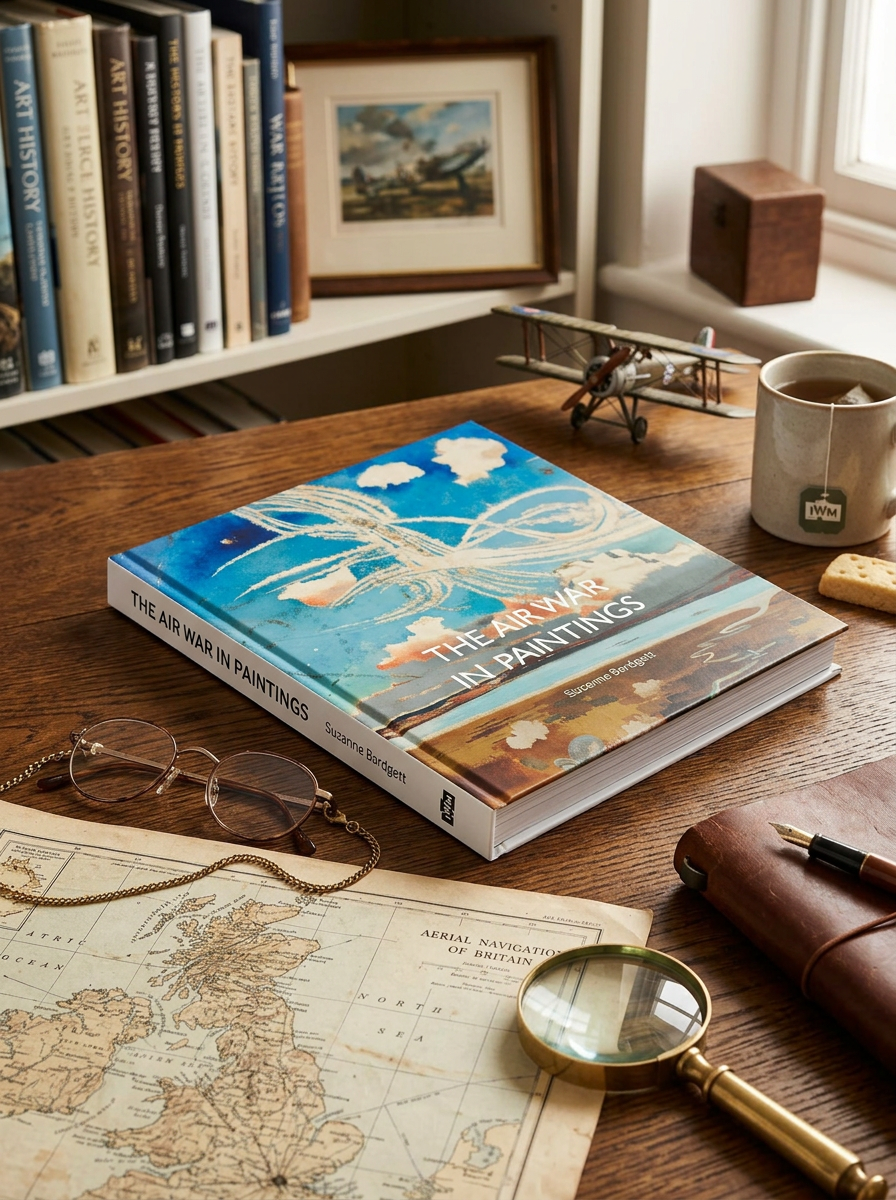 Book titled 'The War in Paintings' on a wooden desk with a map, magnifying glass, and glasses.