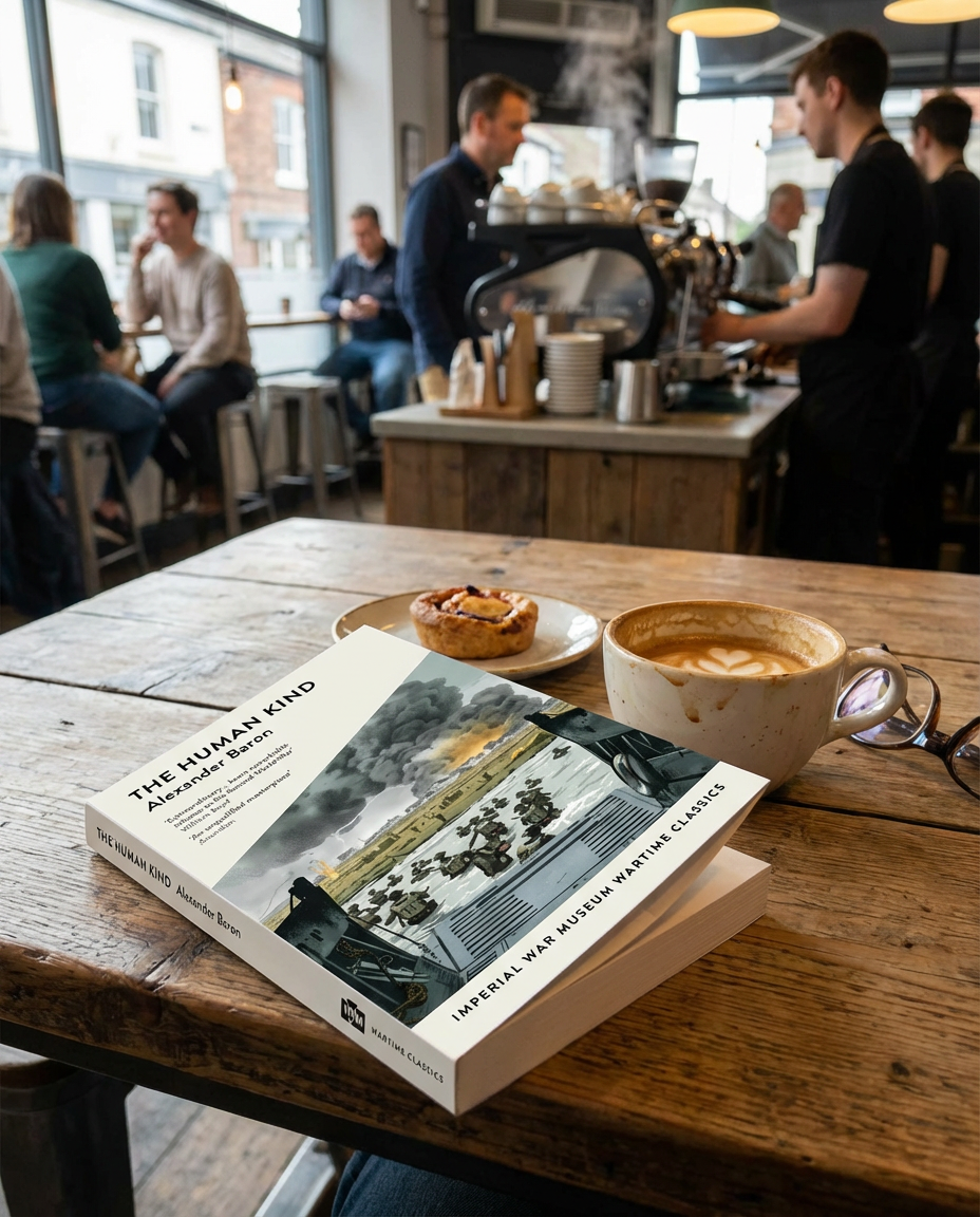 Book titled the human kind on a wooden table with a coffee cup and pastry in a cafe setting.