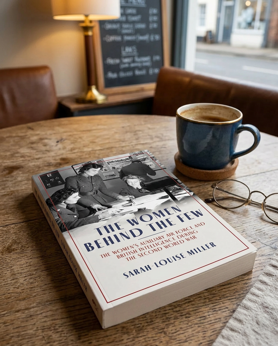 Book titled 'The Women Behind the Few' on a table with a coffee cup and glasses.