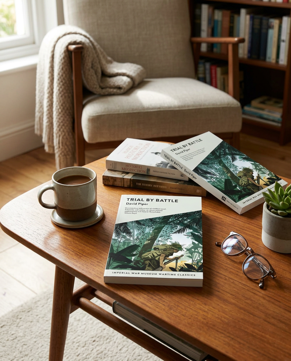 Wooden table with books, a mug, and glasses in a cozy room.