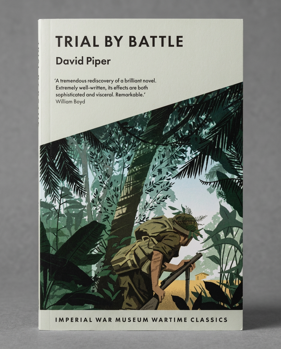 Book cover of 'Trial by Battle' by David Piper with a jungle scene and soldier illustration.