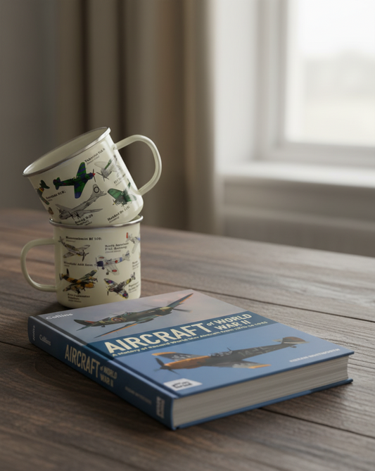 Stack of mugs with airplane designs on a book titled 'Aircraft' on a wooden surface.