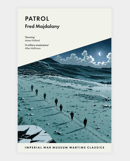 Cover of the book 'Patrol' by Fred Majdalany, featuring a desert landscape with silhouettes of figures and a moon in the sky.