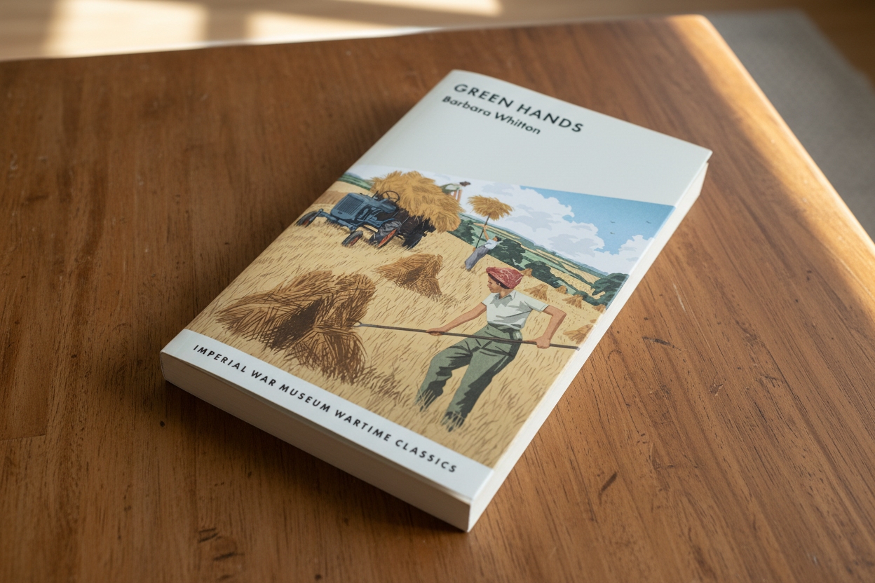 Cover of the book 'Green Hands' by Barbara Whitton, featuring an illustration of people working in a field with hay and a tractor.