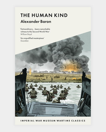 Cover of the book 'The Human Kind' by Alexander Baron, featuring a historical artwork of a battle scene with smoke and a boat in the foreground.