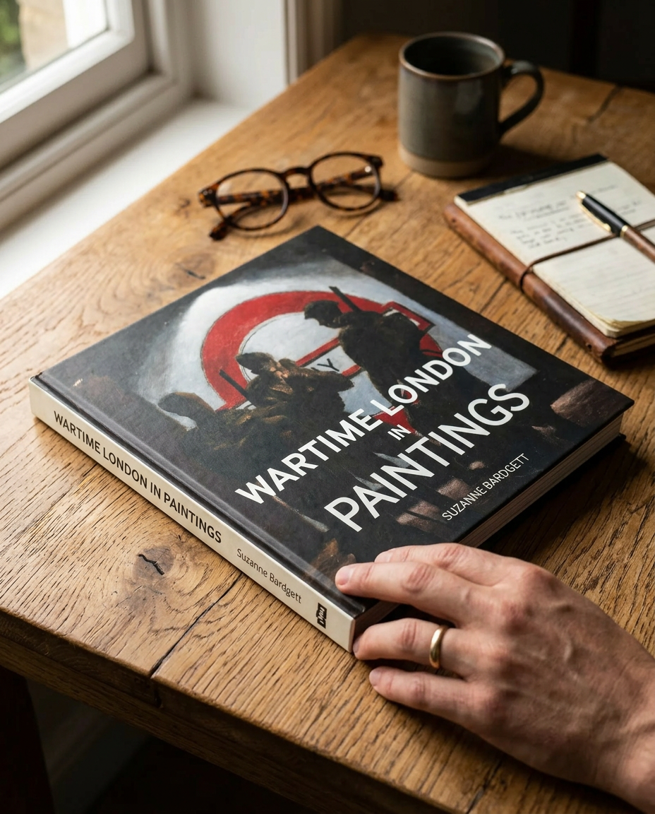 Book titled 'Wartime London in Paintings' on a wooden table with a hand touching it, glasses, and a mug in the background.