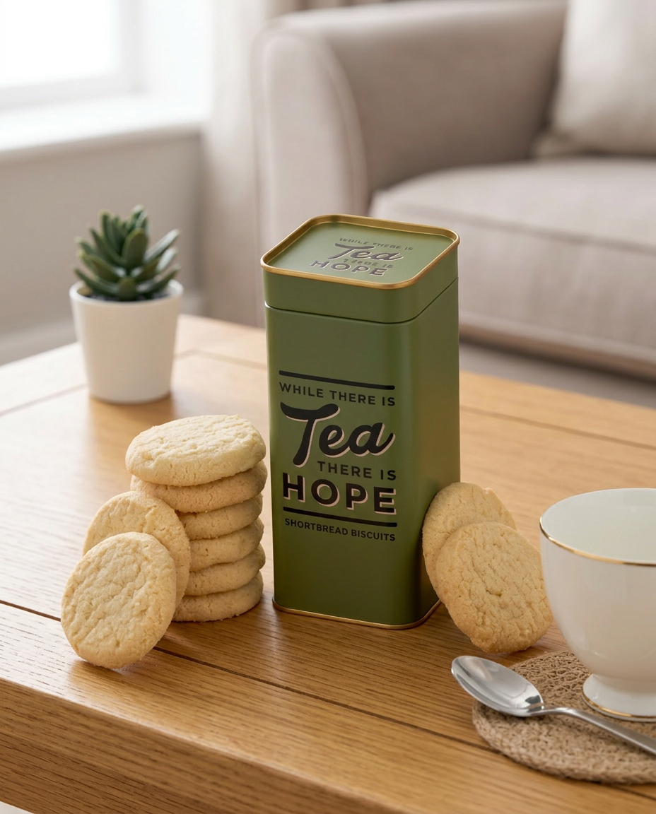 Green tea tin with cookies on a wooden table in a cozy living room setting