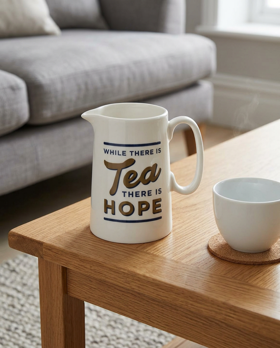 White pitcher with 'While there is tea, there is hope' text on a wooden table in a living room.