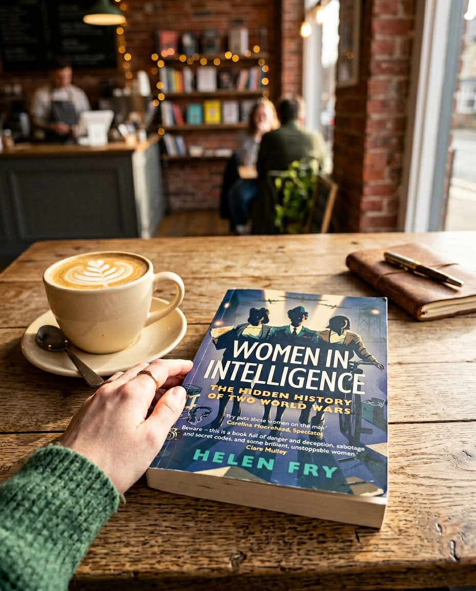 Book titled 'Women in Intelligence' by Helen Fry on a wooden table with a coffee cup and saucer.