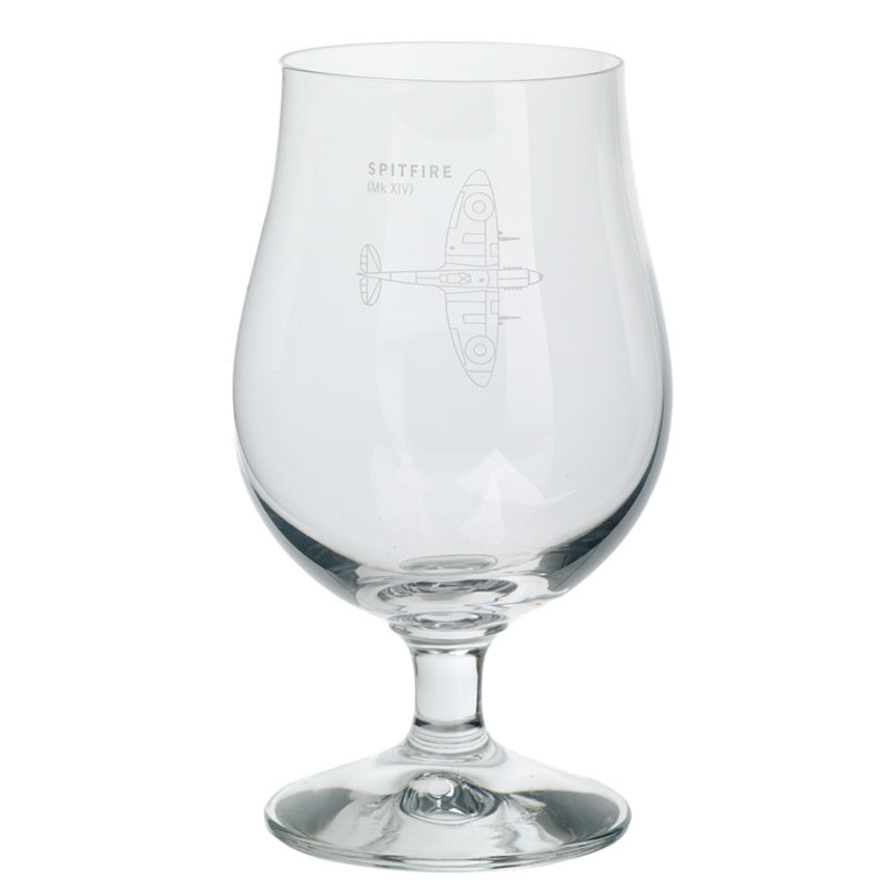 spitfire blueprint beer glass with ww2 spitfire engraving front - gifts for aviation lovers