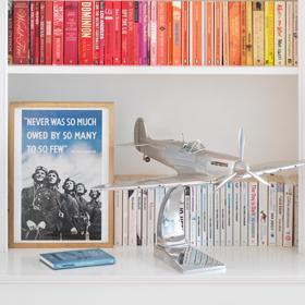 Our model aeroplane selection includes desktop Second World War aircraft perfect for the aviation fan's home office or studio. <br /><br />These metal models include the iconic Supermarine Spitfire in brass and silver aluminium. There's also the B-17G Flying Fortress, or the SR-71 Blackbird and Red Arrows models for fans of cold war and jet propelled aircraft.